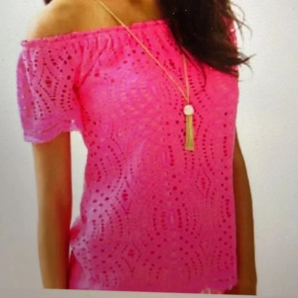 Lilly Pulitzer Marble Off The Shoulder Lace Overlay Top Scalloped Pink Size S